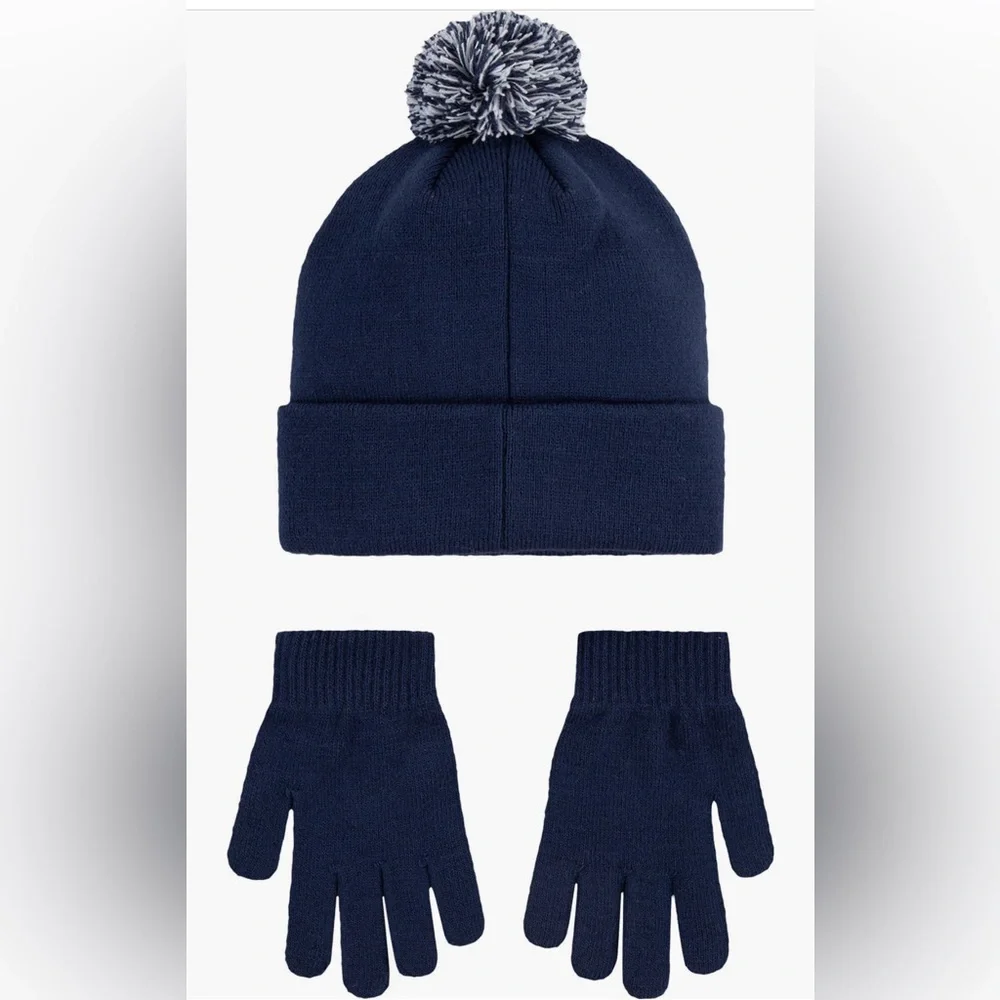 Nike Boys Swoosh Pompom beanie and gloves set in navy blue and white